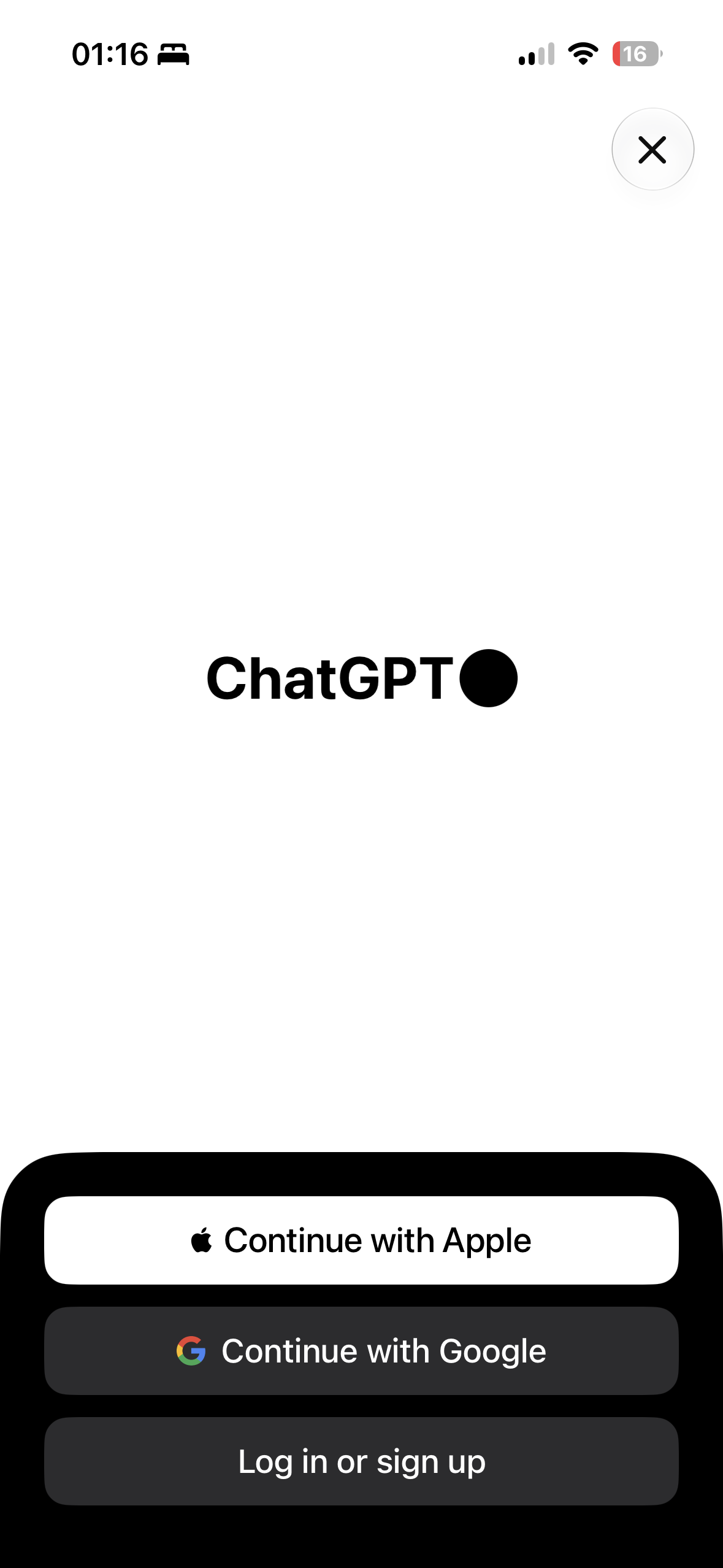 ChatGPT logo with options to continue with Apple, continue with Google, or log in or sign up.