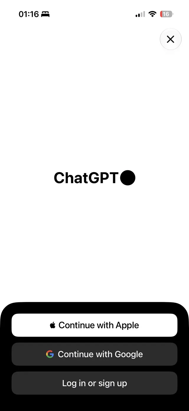 ChatGPT logo with options to continue with Apple, continue with Google, or log in or sign up.