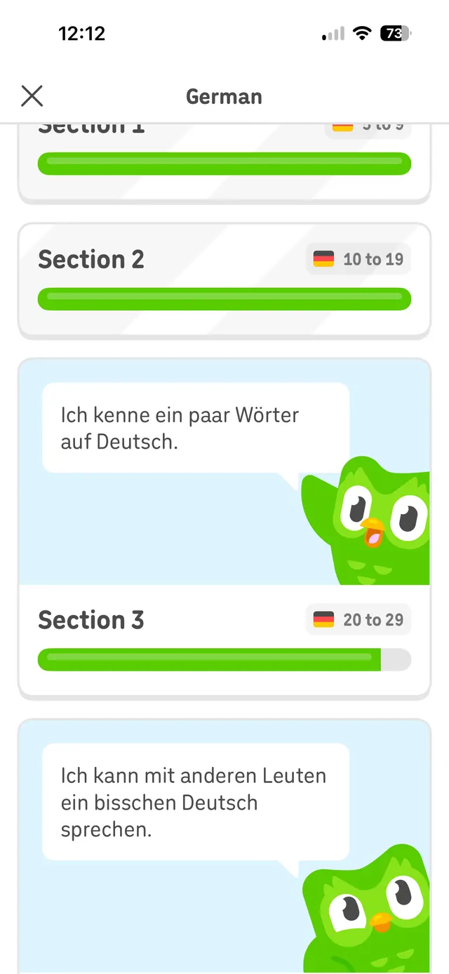 A mobile language learning screen for German showing section cards with progress bars and lesson descriptions, including Duolingo-style owl illustrations.