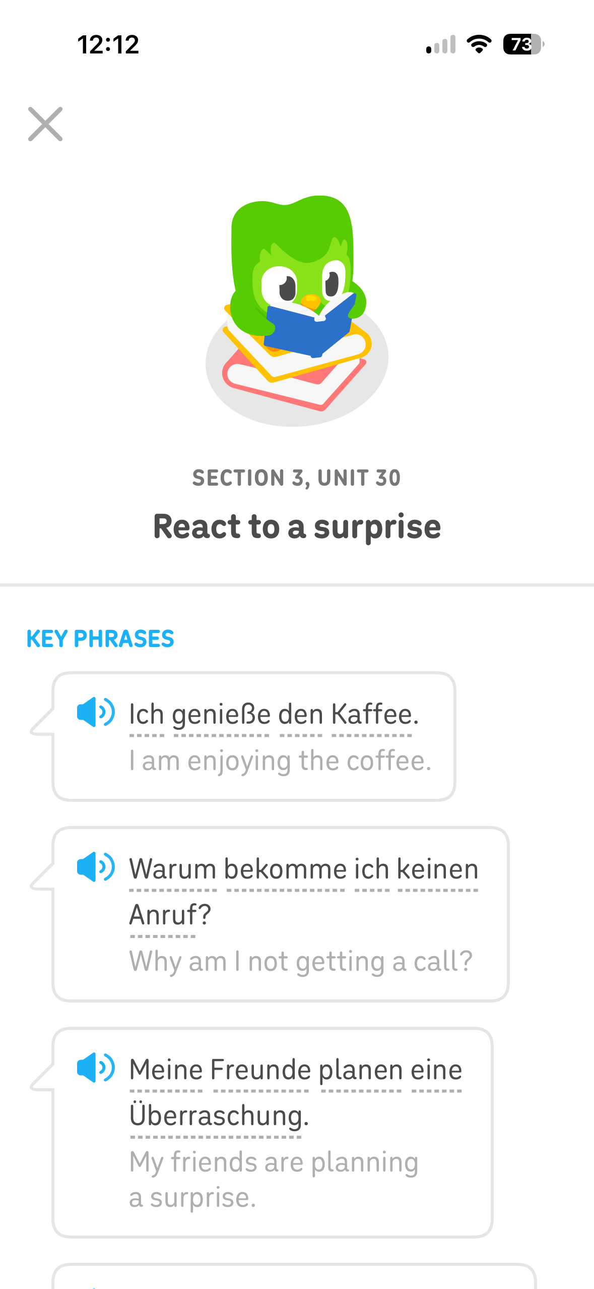 Mobile language-learning lesson page with a close button, illustration of a green owl reading, section title 'Section 3, Unit 30', lesson title 'React to a surprise', and key phrases shown in speech-bubble cards with audio icons and bilingual sentences.