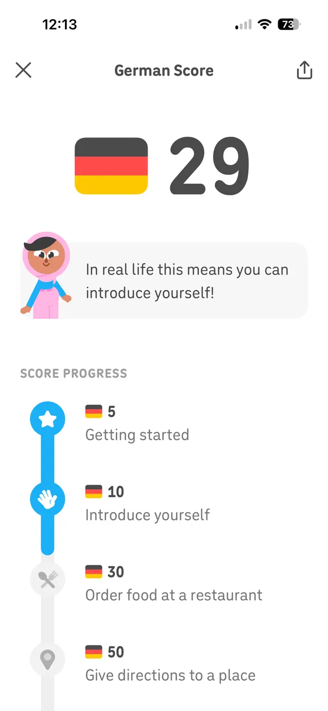 Mobile screen showing a German language score of 29 with a progress timeline of milestones and an illustration card saying the user can introduce themselves in real life.