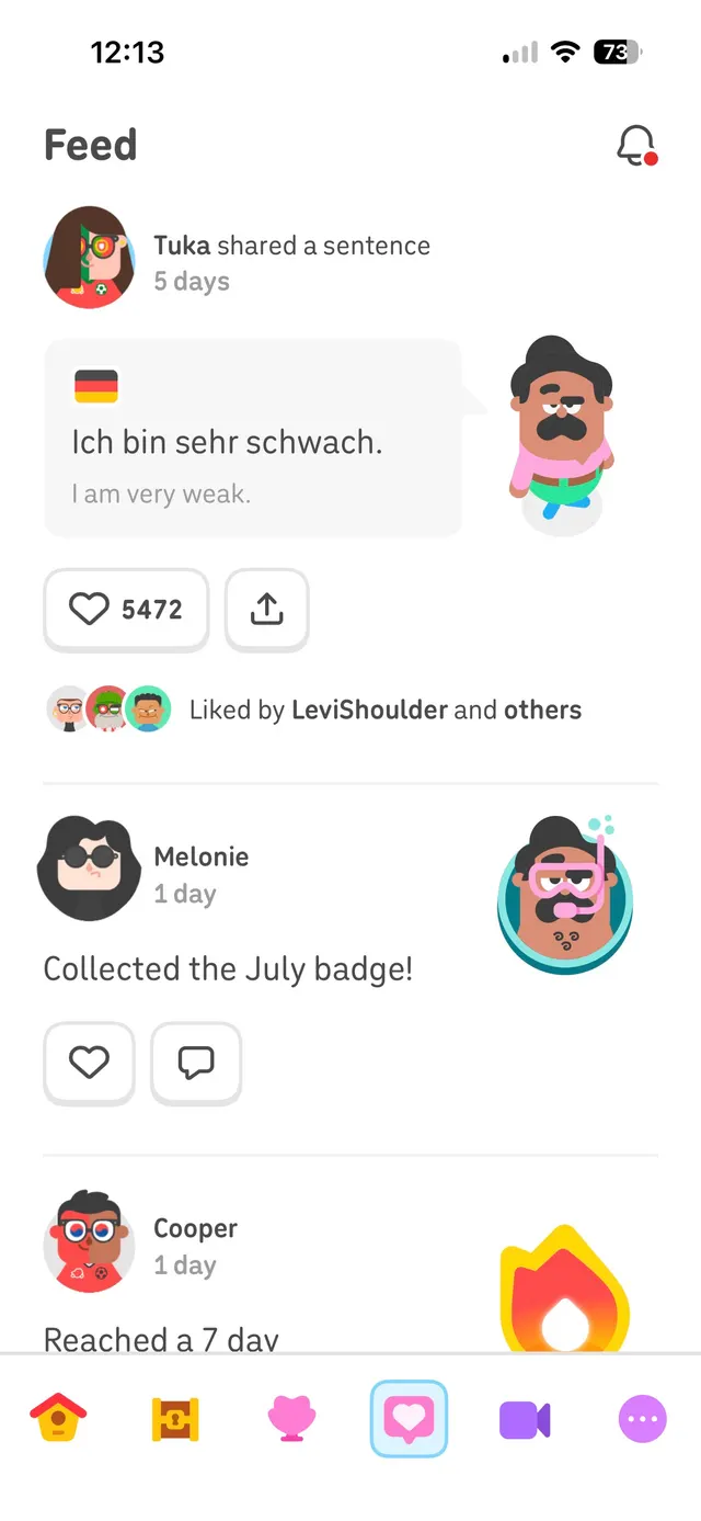 Mobile app feed showing user activity posts with avatars, timestamps, content cards, like and share controls, and bottom navigation.