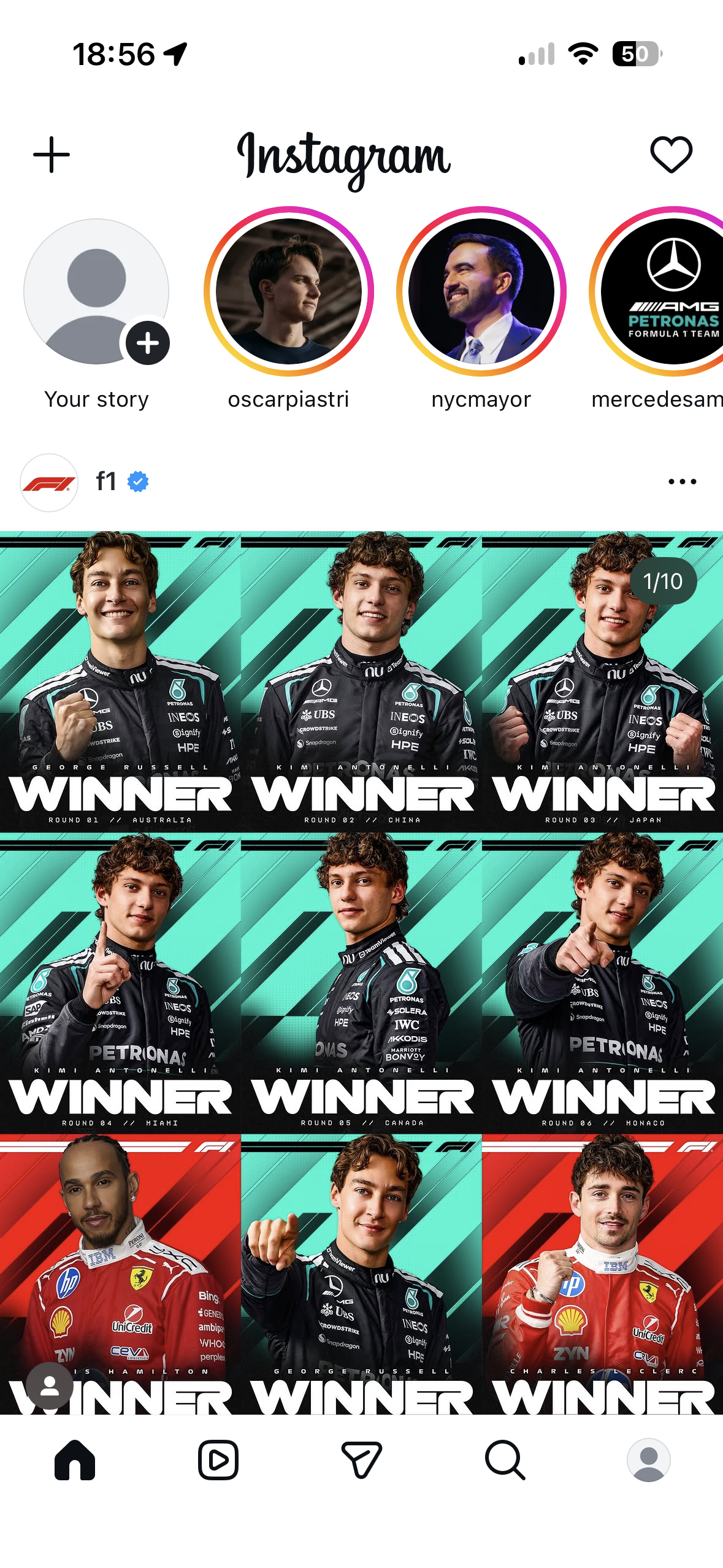 Instagram home screen showing a stories row at the top and a grid-style post in the feed from the verified F1 account.