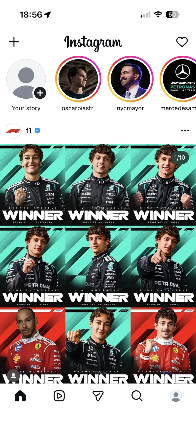 Instagram home screen showing a stories row at the top and a grid-style post in the feed from the verified F1 account.