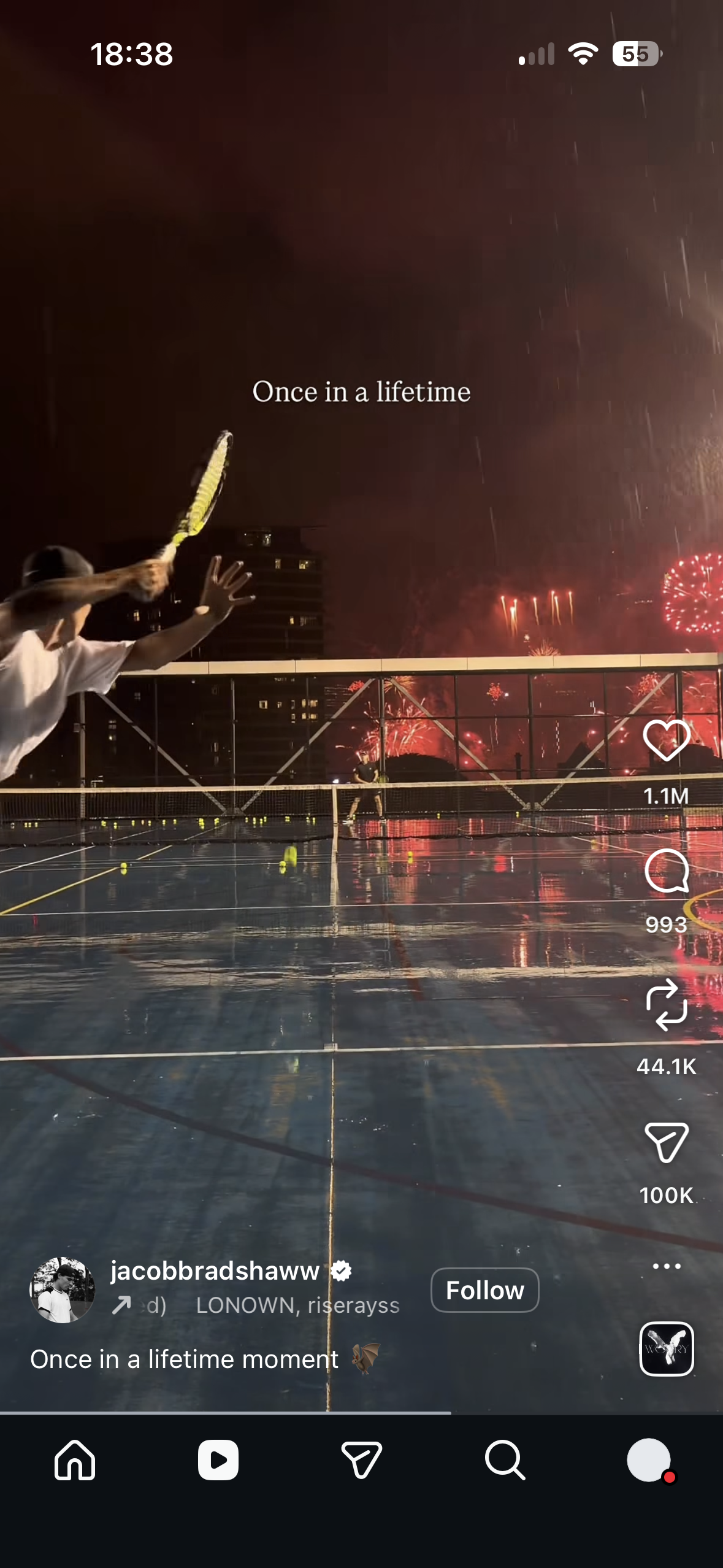 Instagram-style vertical video post showing a tennis scene with overlaid caption text, creator username, like/comment/share counts, follow button, and bottom navigation bar.