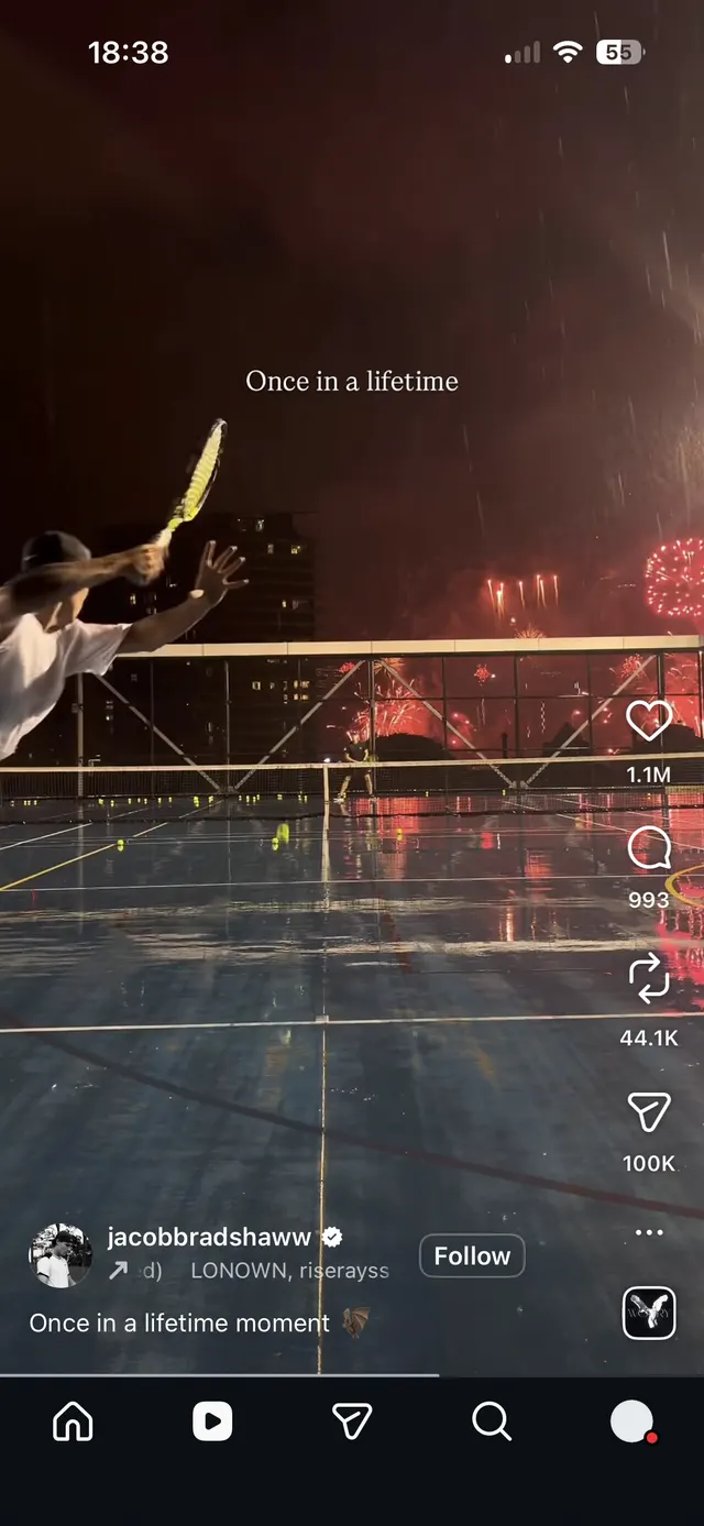Instagram-style vertical video post showing a tennis scene with overlaid caption text, creator username, like/comment/share counts, follow button, and bottom navigation bar.