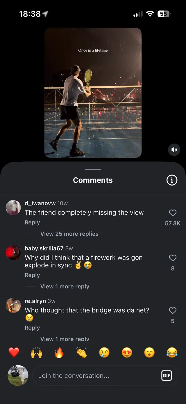 A social media video post is open with a comments bottom sheet covering the lower half of the screen. The sheet shows several comments with avatars, usernames, timestamps, like counts, reply links, emoji reaction shortcuts, and a text field labeled 'Join the conversation...' with a GIF button.