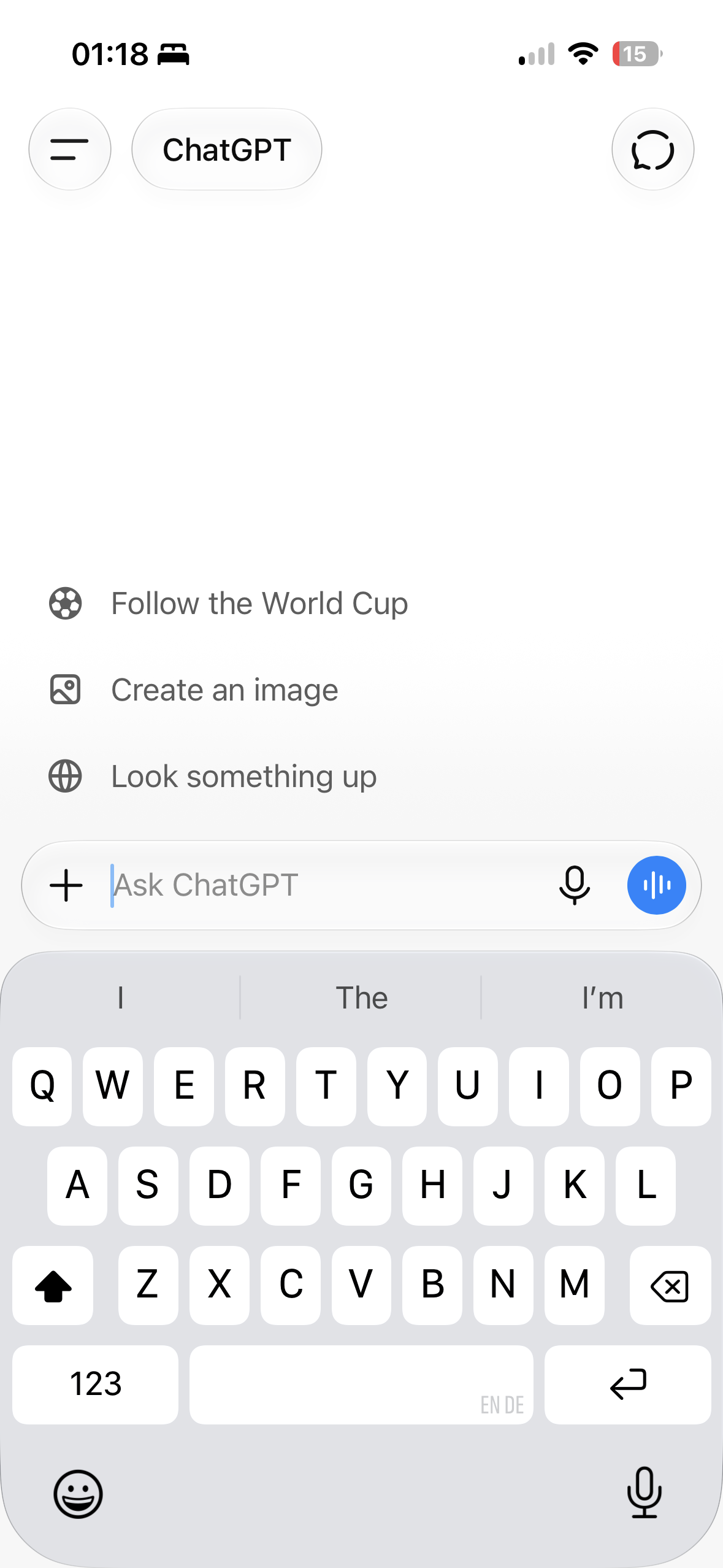 ChatGPT interface with a text input field showing a keyboard and suggestions to Follow the World Cup, Create an image, Look something up.