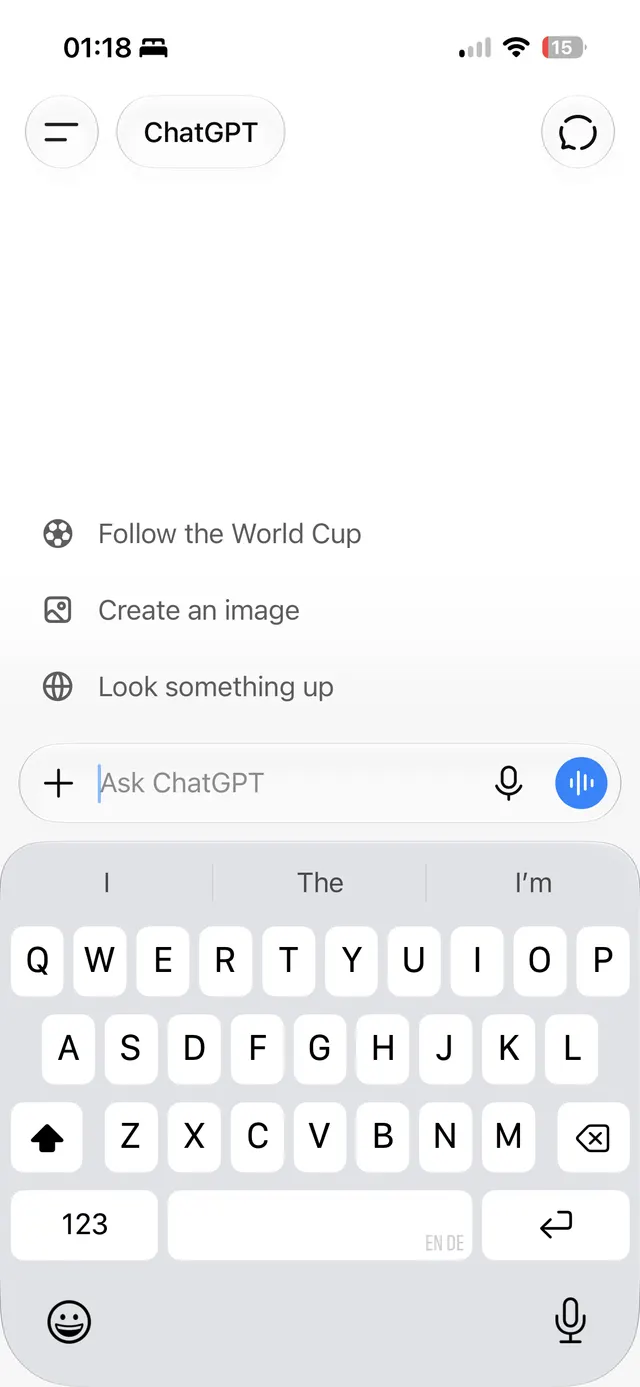 ChatGPT interface with a text input field showing a keyboard and suggestions to Follow the World Cup, Create an image, Look something up.