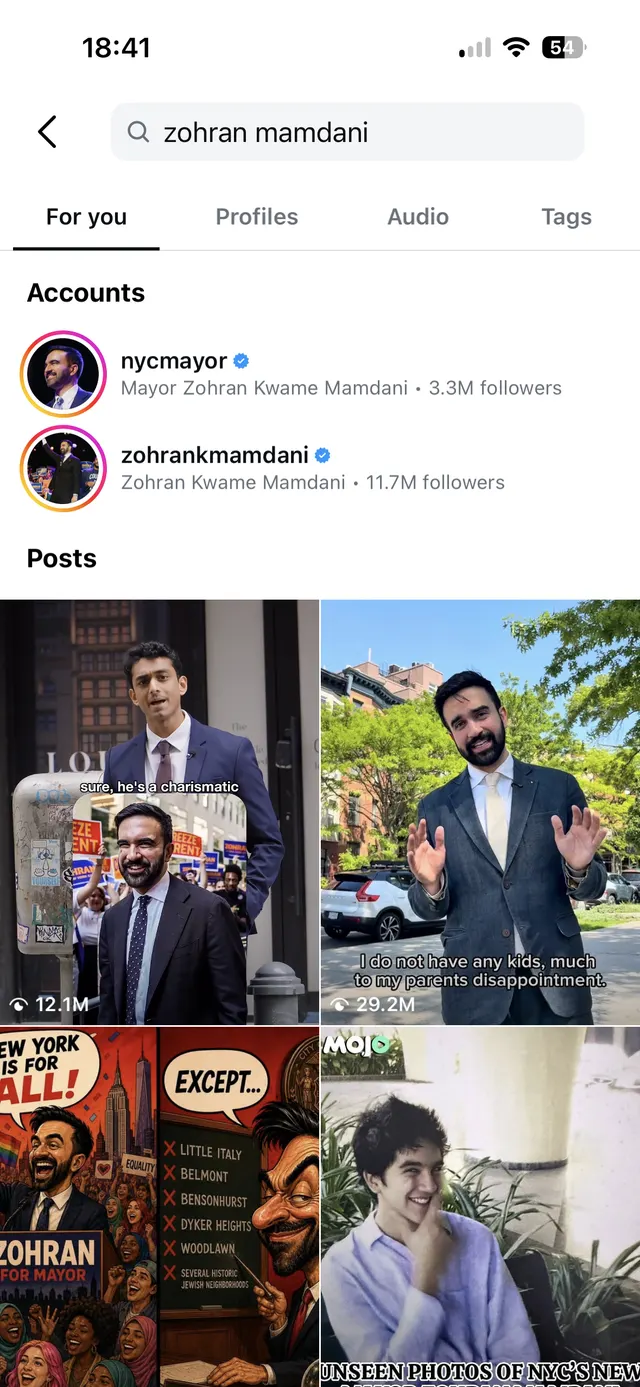 Mobile social app search results screen for the query "zohran mamdani", with tabs for For you, Profiles, Audio, and Tags, showing matching accounts and post thumbnails.