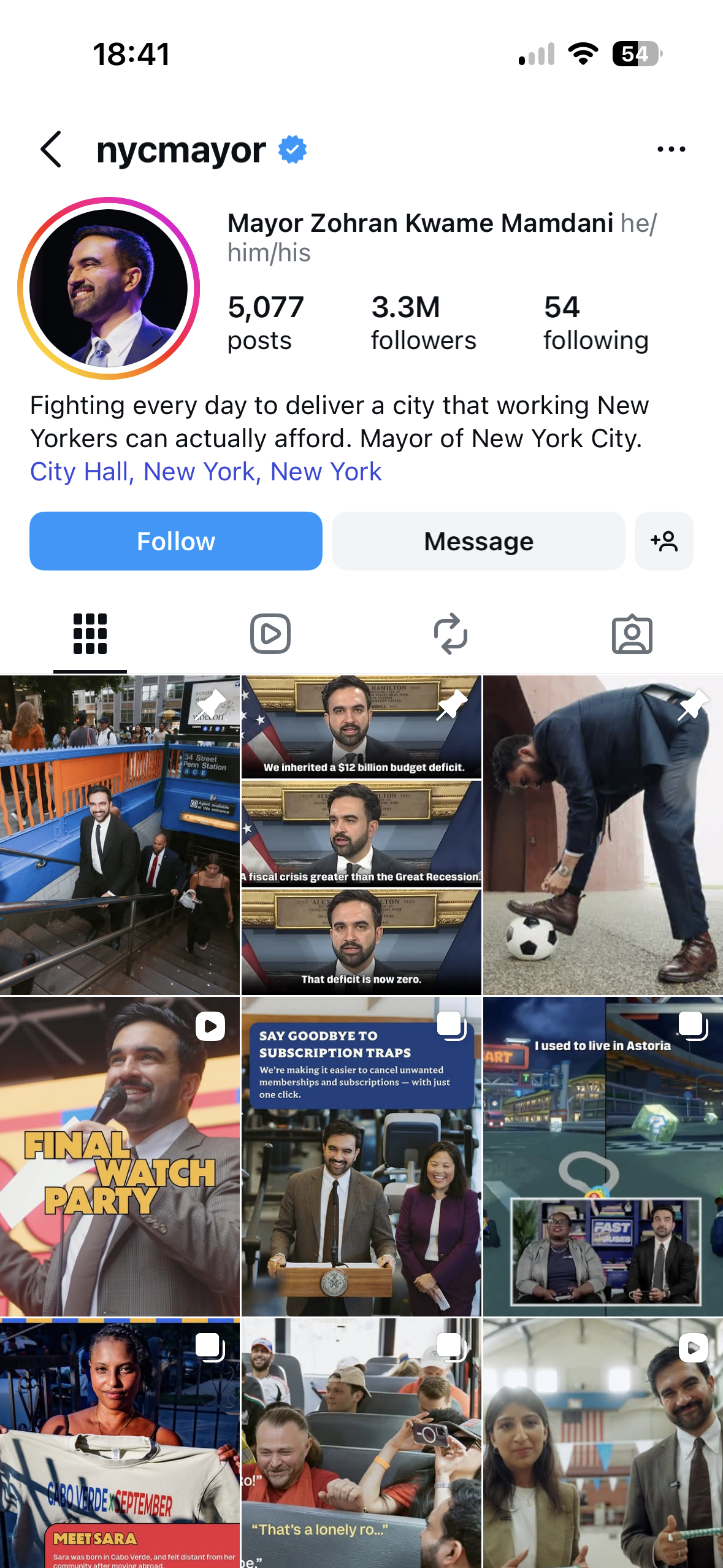 An Instagram profile for nycmayor, showing Mayor Zohran Kwame Mamdani with profile photo, follower stats, bio, follow and message buttons, and a grid of posts.