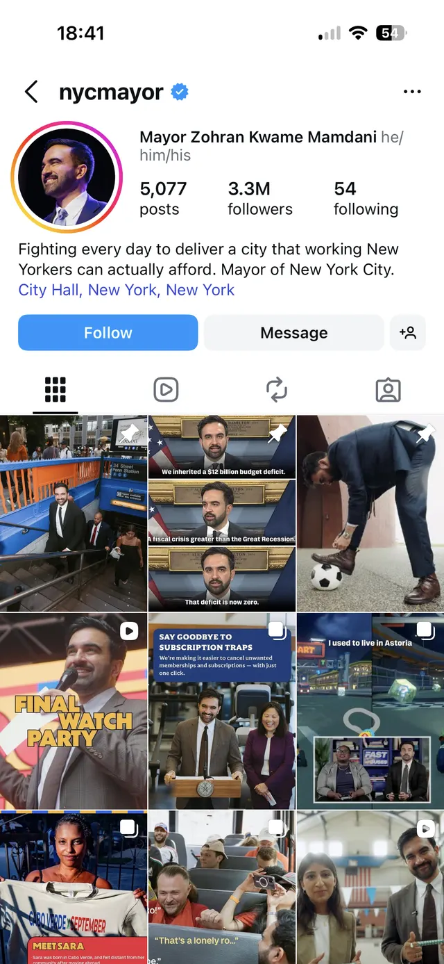 An Instagram profile for nycmayor, showing Mayor Zohran Kwame Mamdani with profile photo, follower stats, bio, follow and message buttons, and a grid of posts.