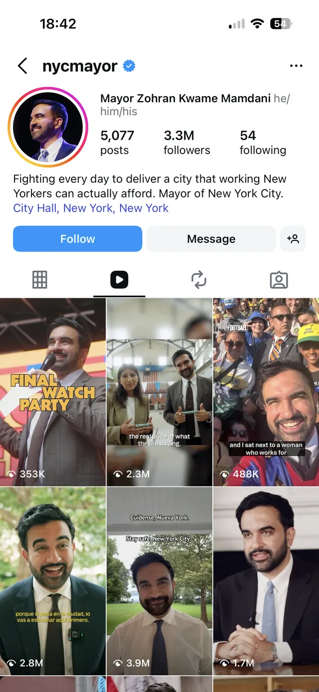 Instagram profile page for nycmayor showing Mayor Zohran Kwame Mamdani with profile photo, bio, follower stats, Follow and Message buttons, and a grid of posts/reels below.
