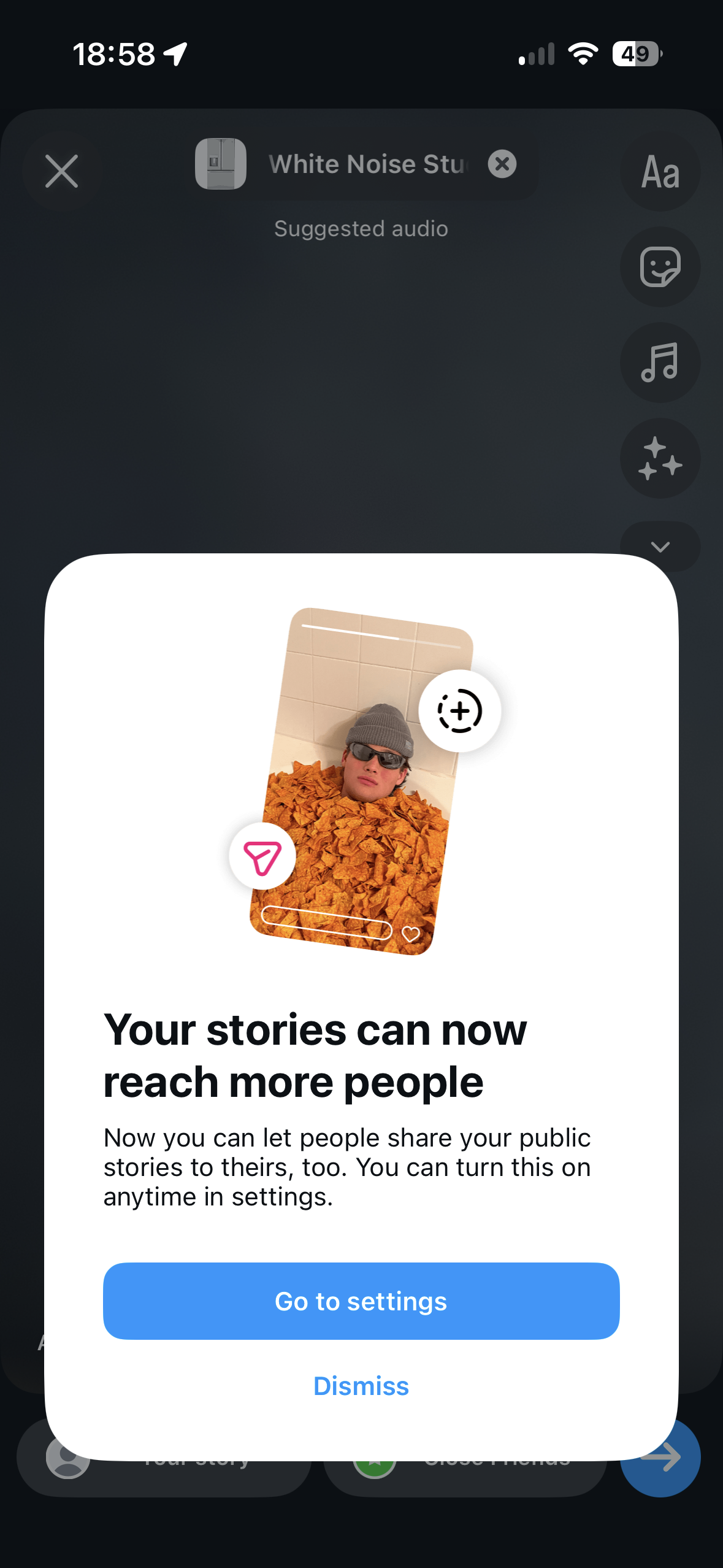 A mobile social app story editor screen with a centered modal explaining that public stories can now be shared more widely, with buttons to go to settings or dismiss.