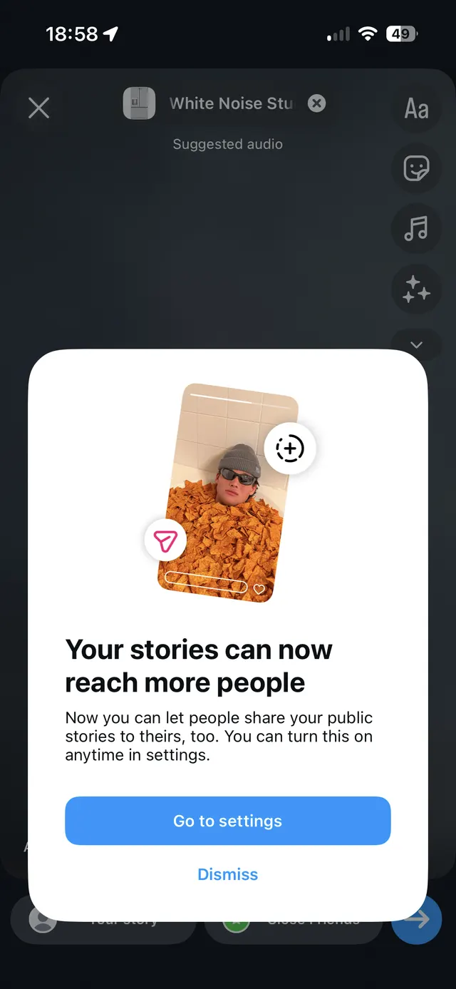 A mobile social app story editor screen with a centered modal explaining that public stories can now be shared more widely, with buttons to go to settings or dismiss.