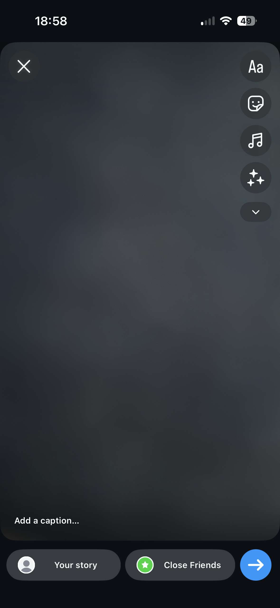 Dark Instagram story creation screen with editing tools on the right, caption field, and sharing buttons for Your story and Close Friends.