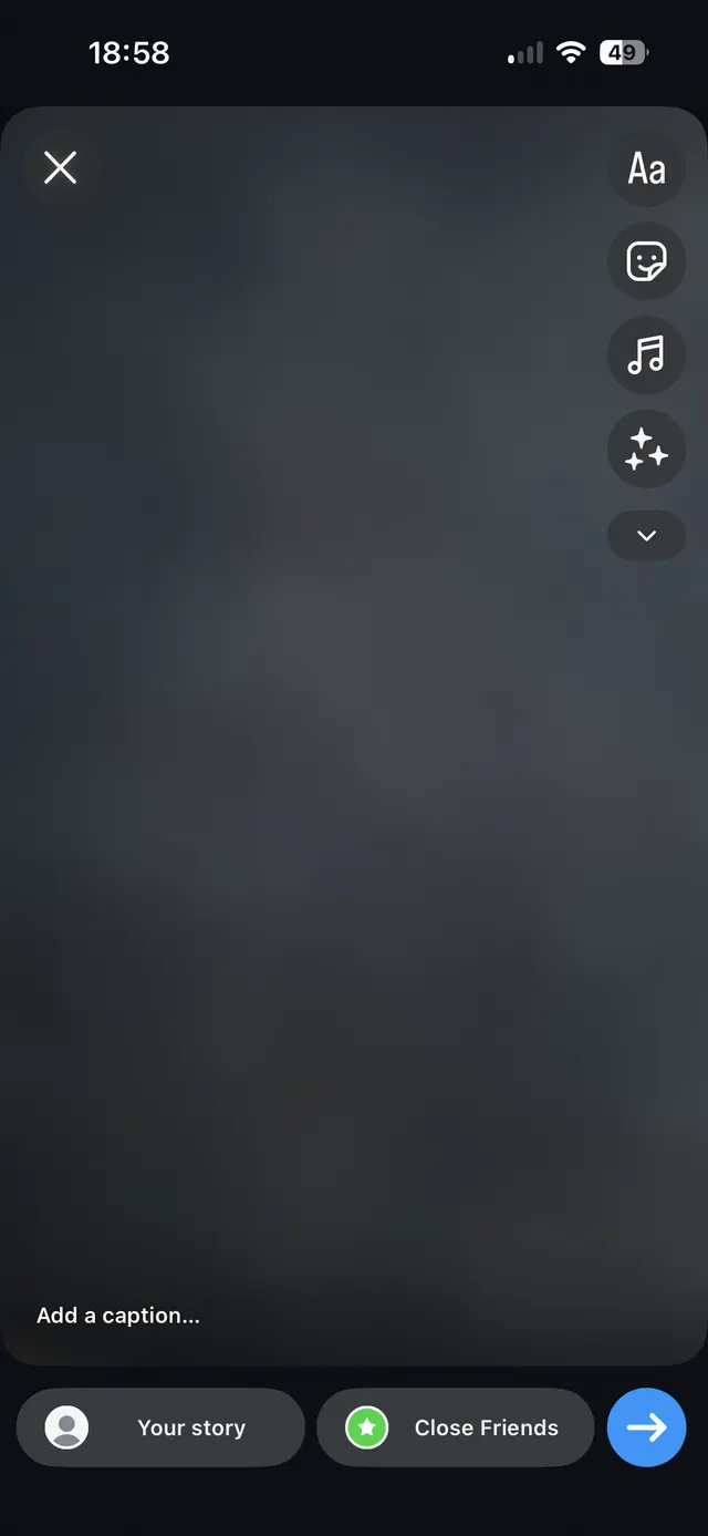 Dark Instagram story creation screen with editing tools on the right, caption field, and sharing buttons for Your story and Close Friends.