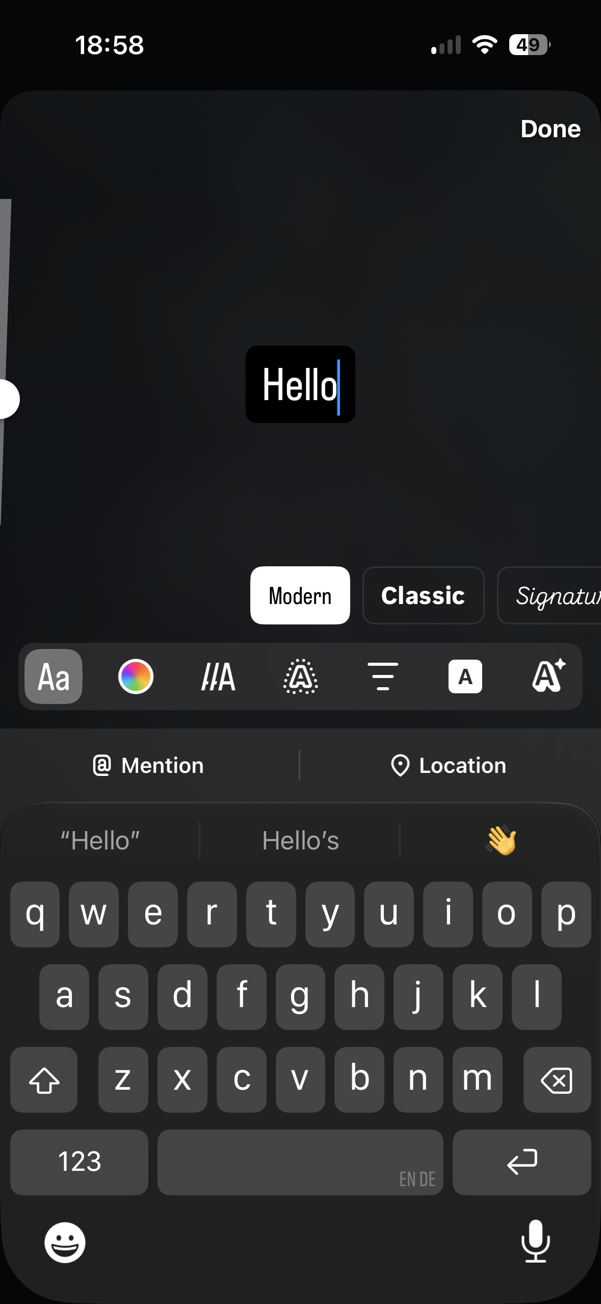An iPhone text editor overlay shows the word 'Hello' being edited with a blinking cursor, font style options like Modern and Classic, formatting controls, and the keyboard open.