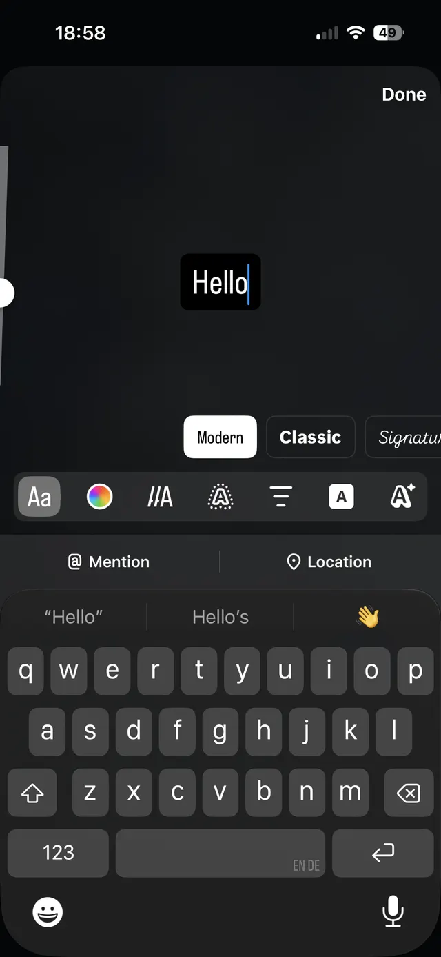 An iPhone text editor overlay shows the word 'Hello' being edited with a blinking cursor, font style options like Modern and Classic, formatting controls, and the keyboard open.