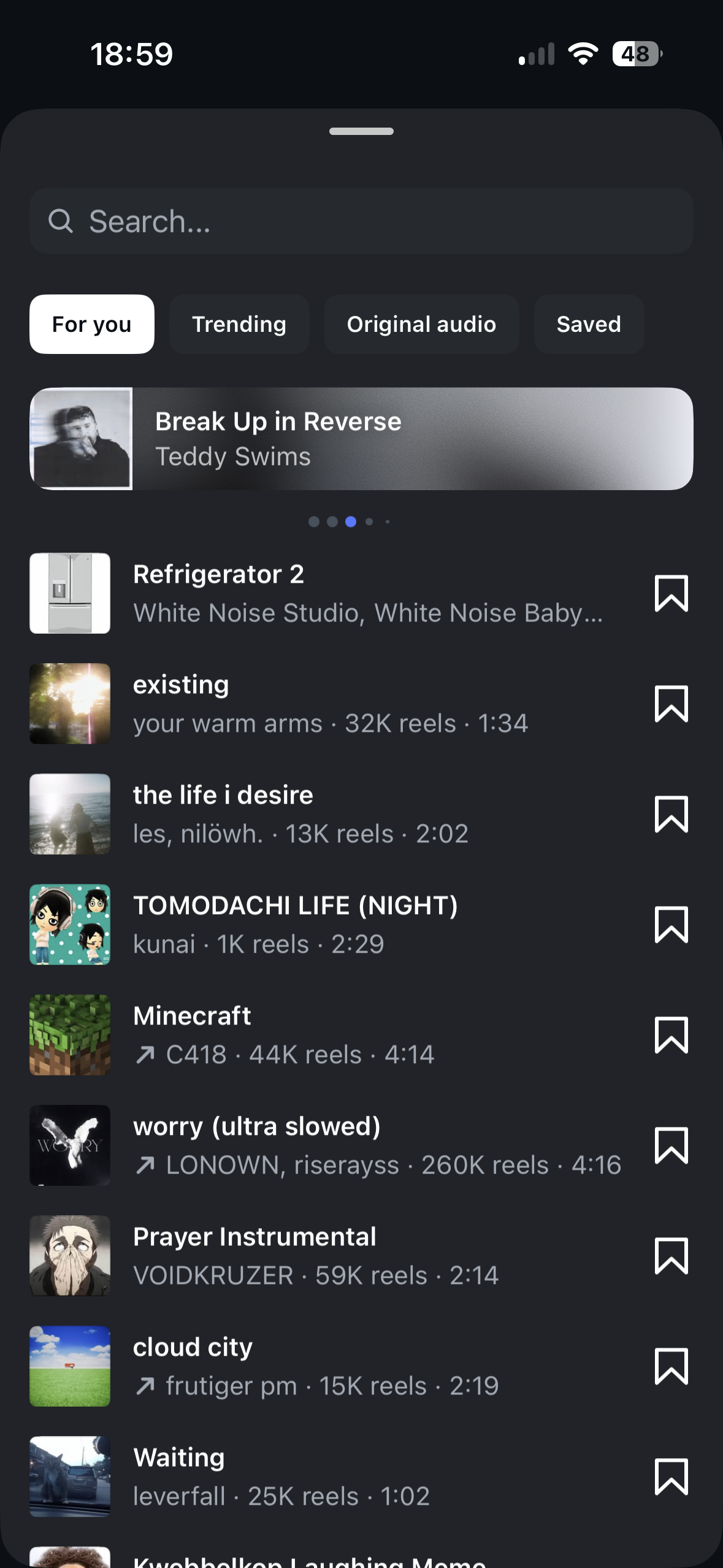Dark-mode mobile screen showing a search bar, category tabs, a featured audio card, and a scrollable list of audio tracks with thumbnails and bookmark icons.