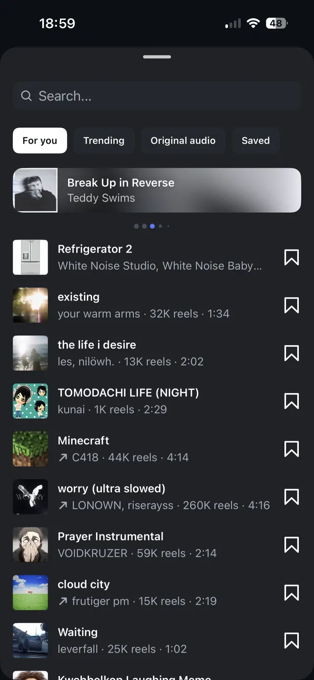 Dark-mode mobile screen showing a search bar, category tabs, a featured audio card, and a scrollable list of audio tracks with thumbnails and bookmark icons.