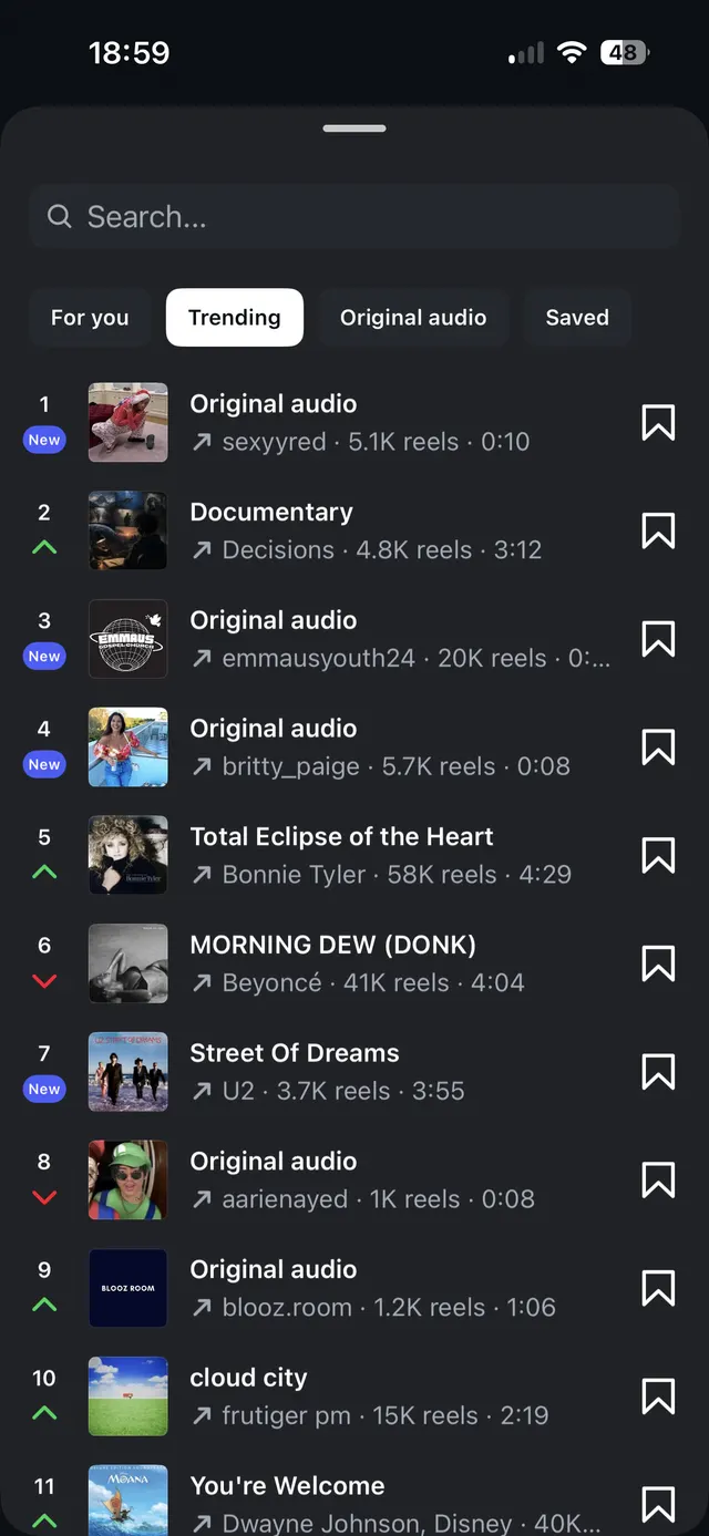 Dark-mode mobile screen showing a searchable list of trending audio tracks, with tabs for For you, Trending, Original audio, and Saved, and bookmark icons to save items.