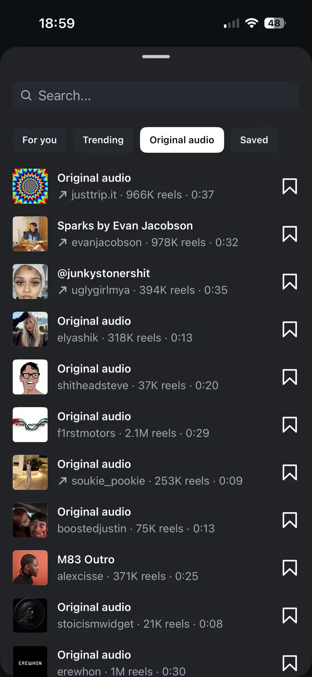 Dark-mode mobile screen showing a search bar, tabs for For you, Trending, Original audio, and Saved, and a scrollable list of audio items with thumbnails, creator names, reel counts, durations, and save icons.