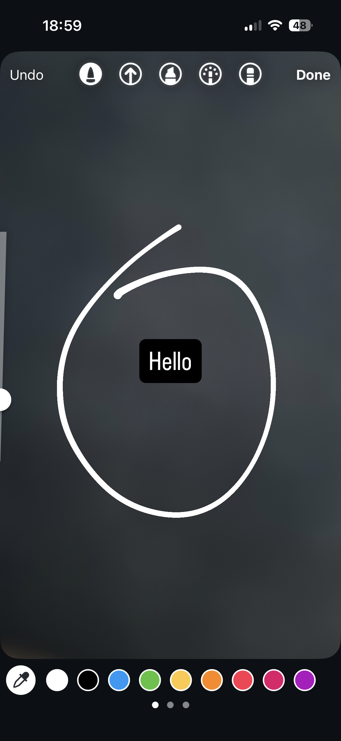 iPhone screenshot of a dark canvas drawing editor with undo, drawing tool icons, done button, color palette, and a scribbled white loop around the word “Hello”.