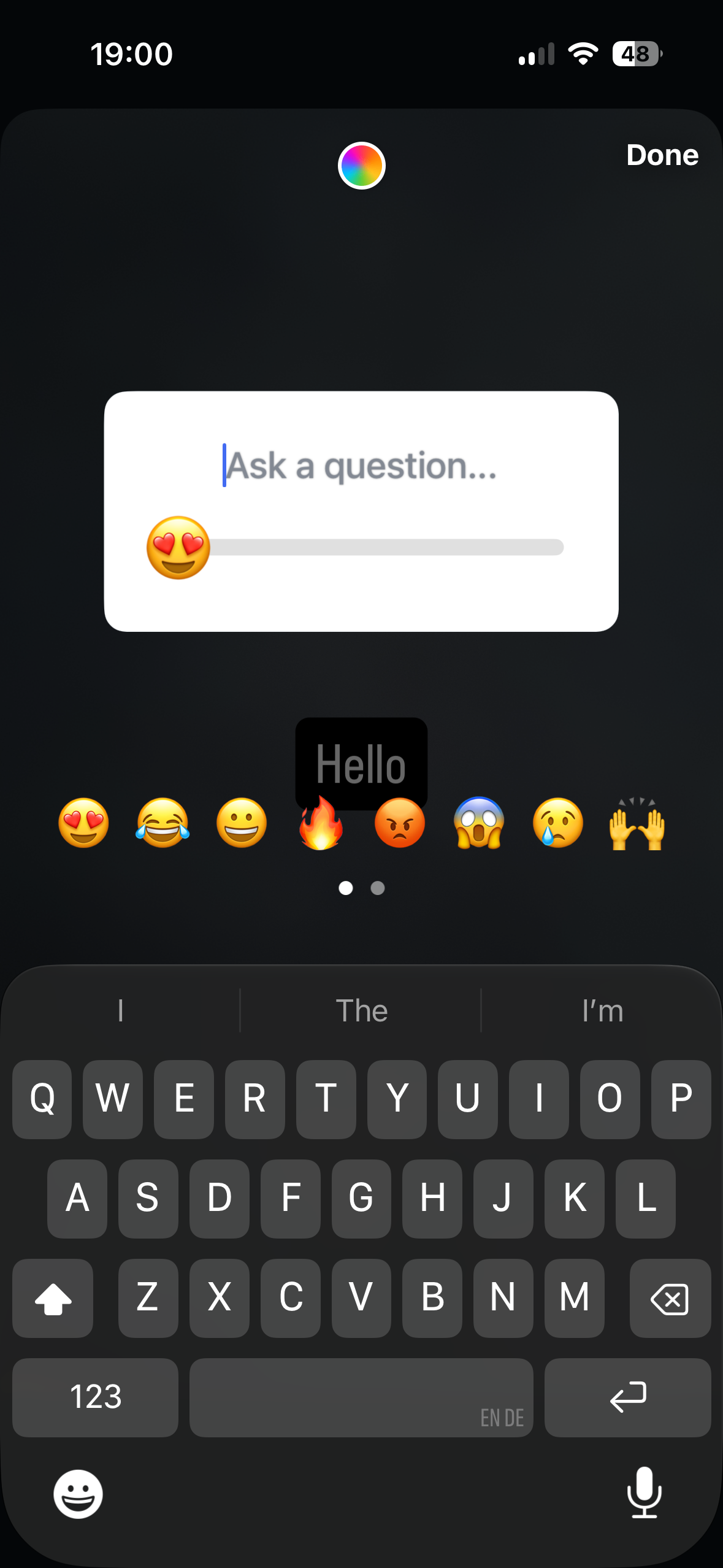 Mobile screen showing a question input card with an emoji slider and emoji keyboard suggestions open, with a Done button at top right.