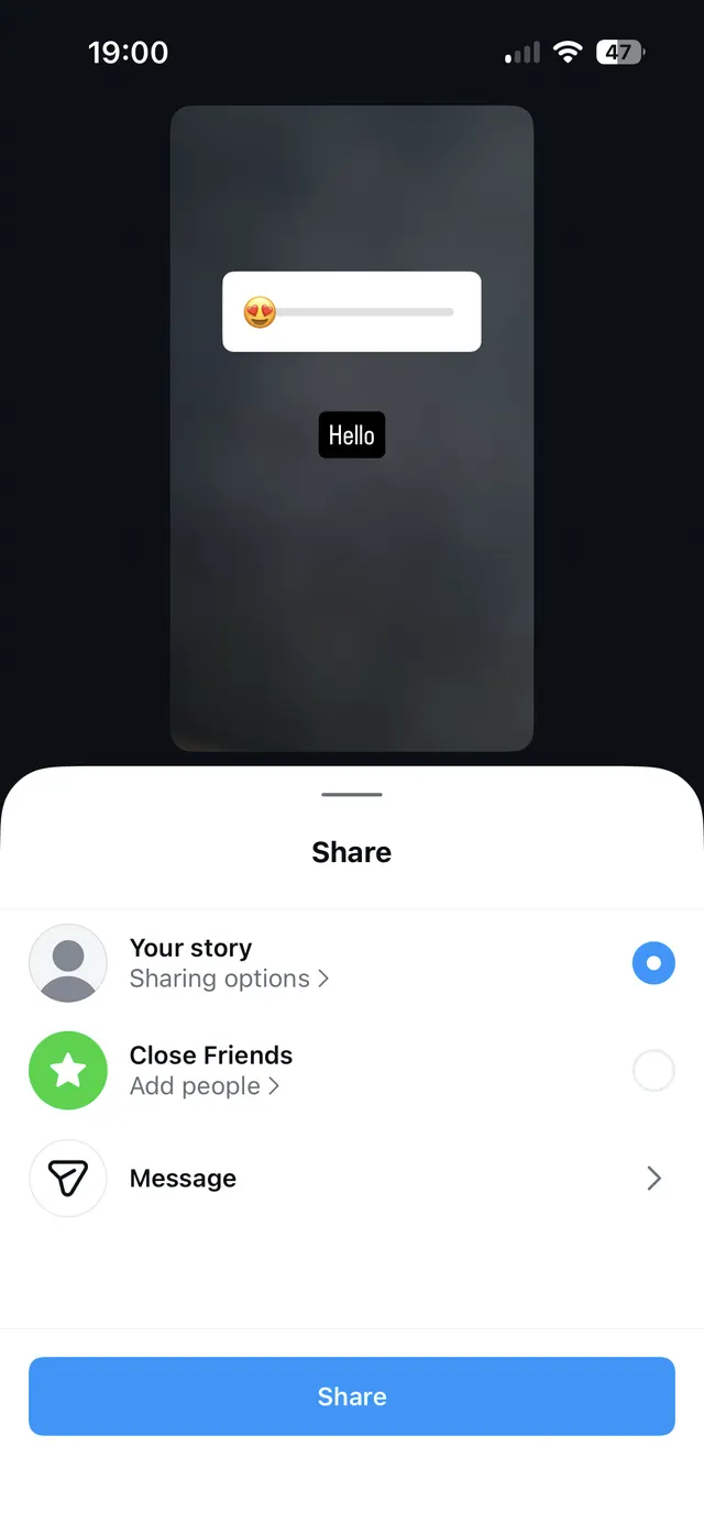 An iOS share bottom sheet is open over a story preview, showing sharing destinations like Your story, Close Friends, and Message, with a large Share button at the bottom.