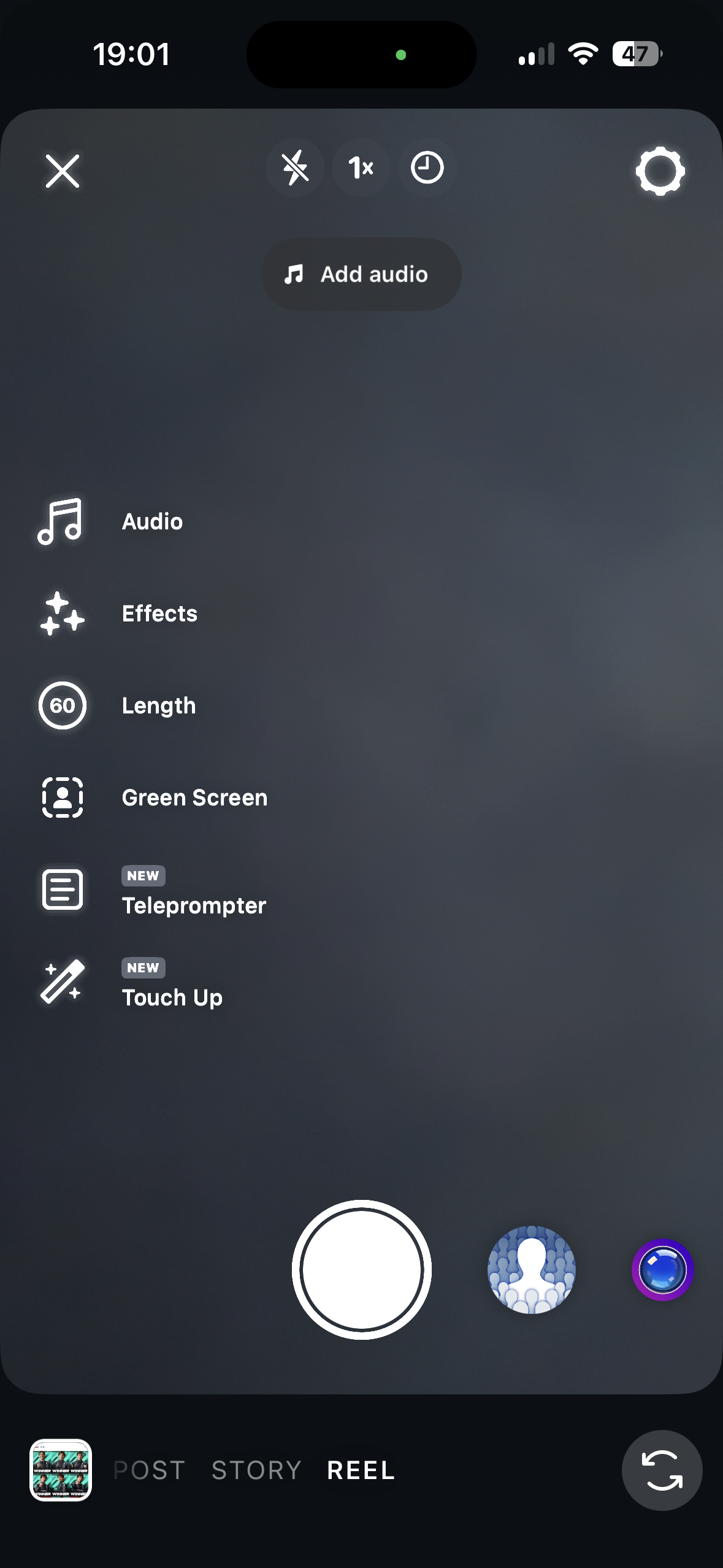 A mobile social media camera screen for creating a reel, showing recording controls, effects options, audio add button, and a post/story/reel mode selector.