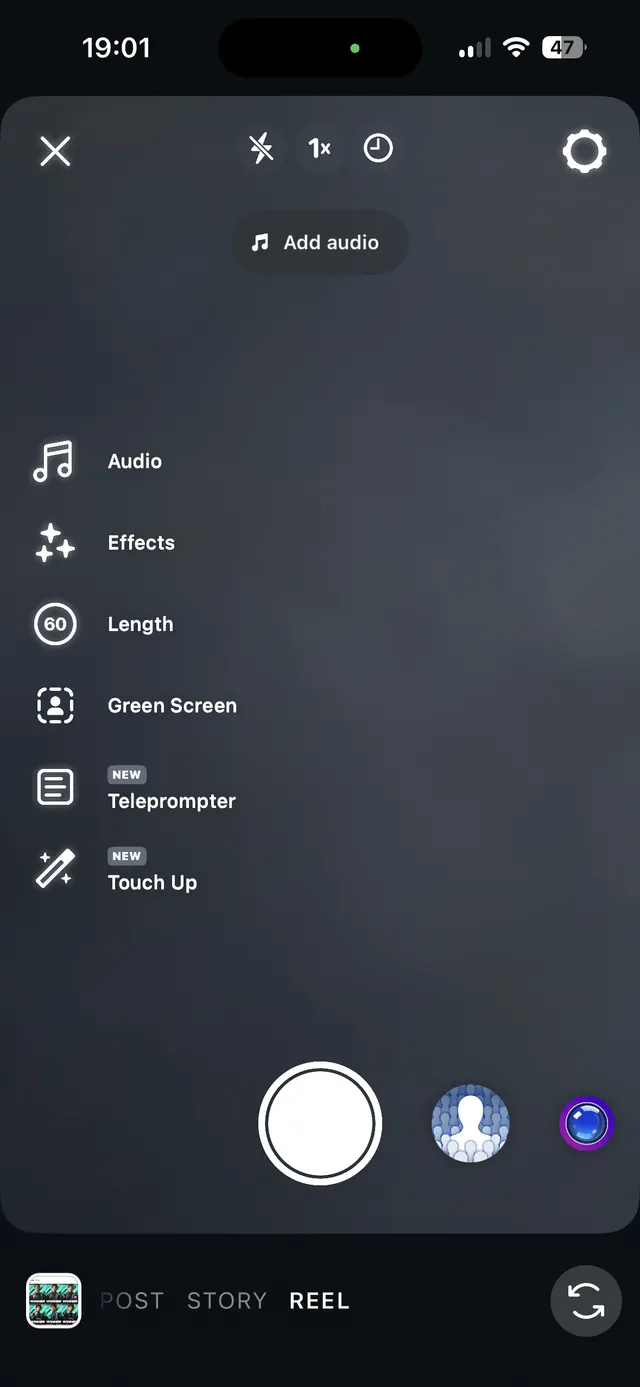 A mobile social media camera screen for creating a reel, showing recording controls, effects options, audio add button, and a post/story/reel mode selector.