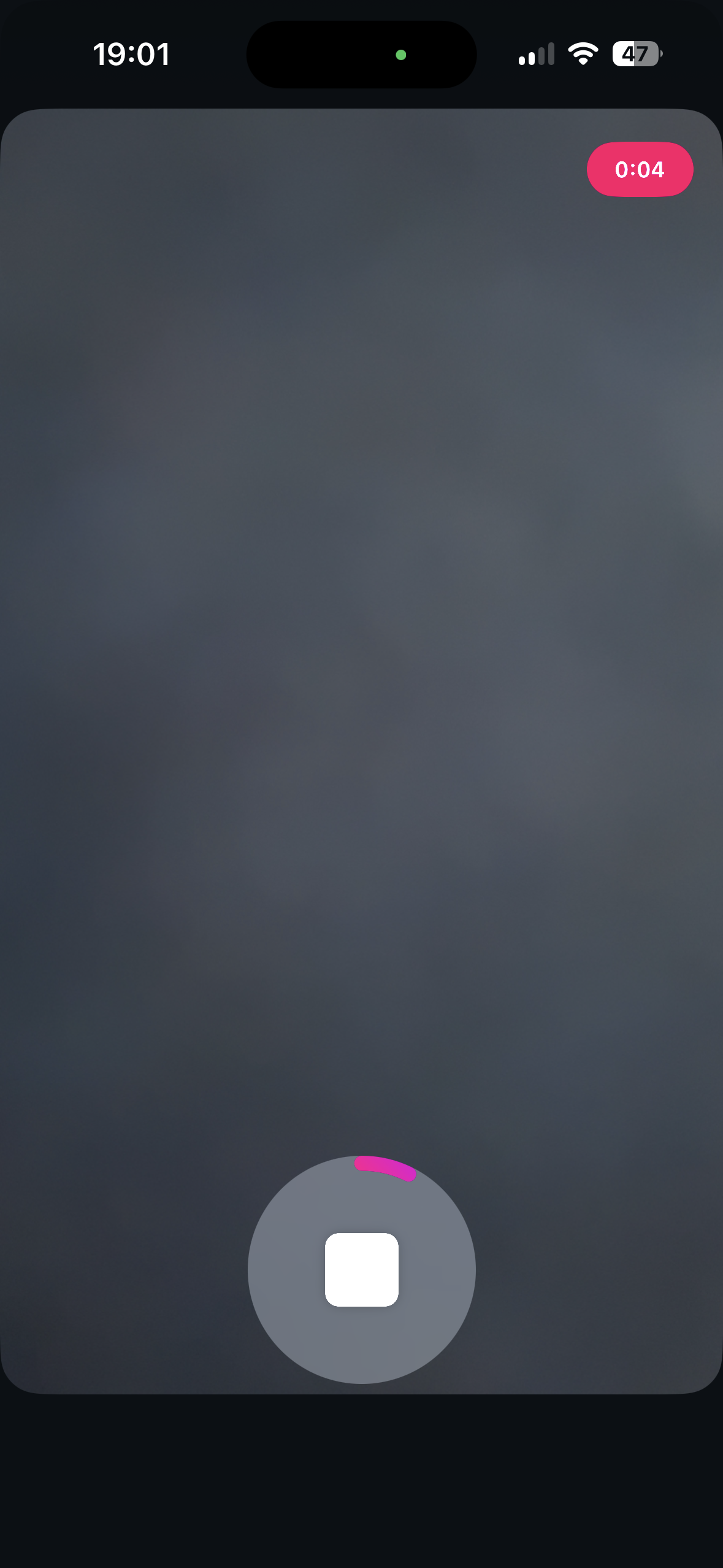 Dark camera interface with a large stop button and a 0:04 recording timer.