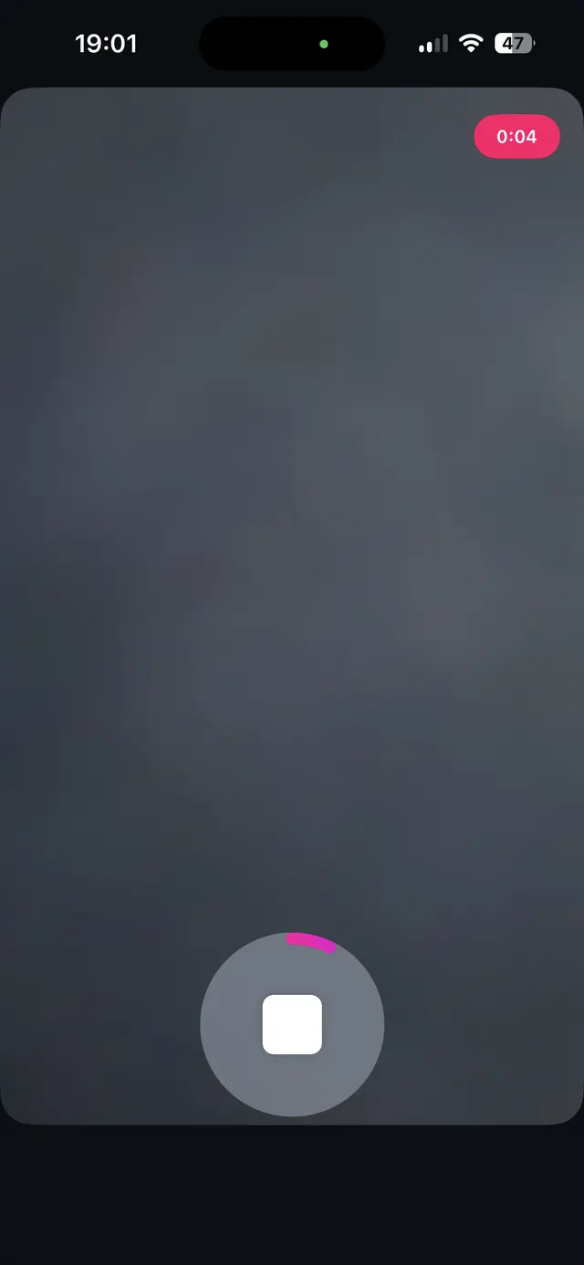Dark camera interface with a large stop button and a 0:04 recording timer.