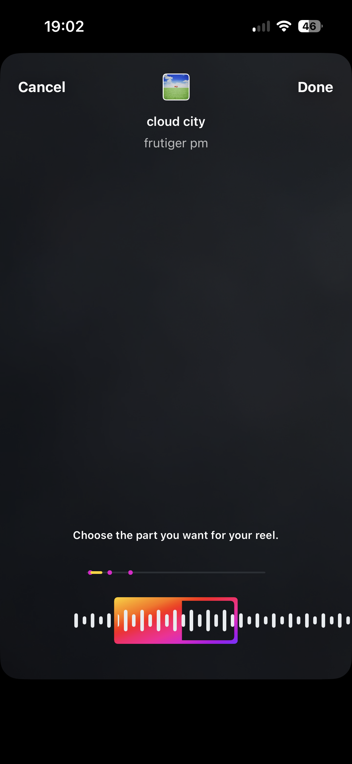 Dark iOS modal for choosing part of a reel, with Cancel and Done buttons, preview thumbnail and title, instruction text, and a timeline scrubber with a selected segment.