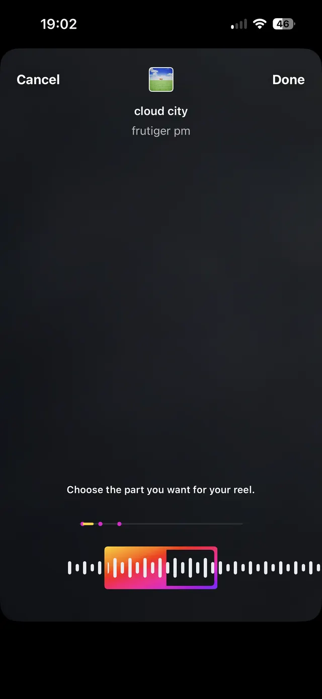 Dark iOS modal for choosing part of a reel, with Cancel and Done buttons, preview thumbnail and title, instruction text, and a timeline scrubber with a selected segment.