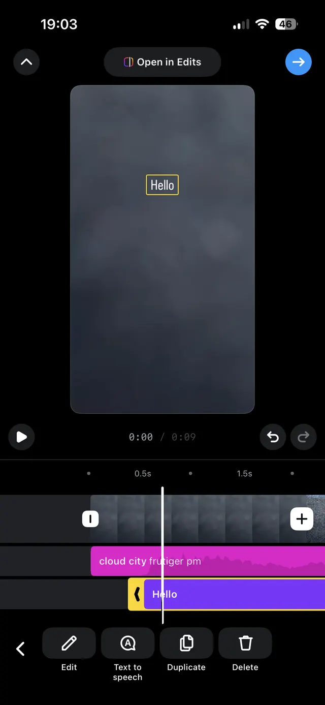 Mobile video editor showing a selected text overlay clip labeled "Hello" on a preview canvas, with a timeline, play controls, undo/redo, and bottom actions for Edit, Text to speech, Duplicate, and Delete.