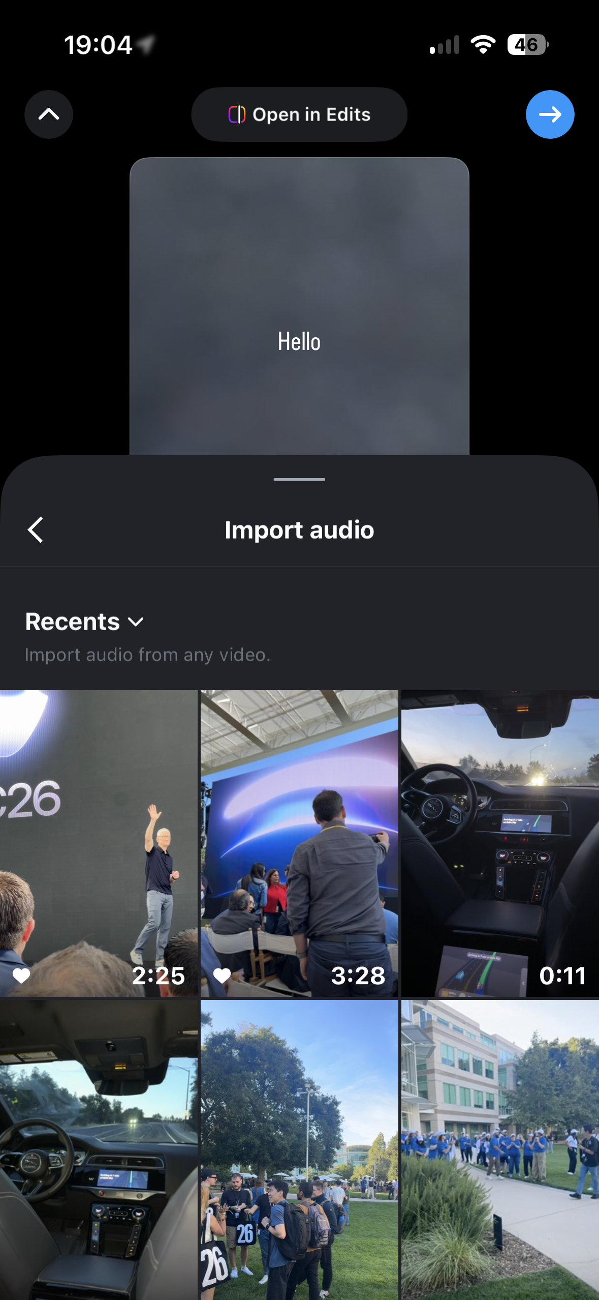 An iPhone screen in a dark editor app showing a bottom sheet titled Import audio over a video canvas, with a Recents dropdown and a grid of video thumbnails to choose audio from.