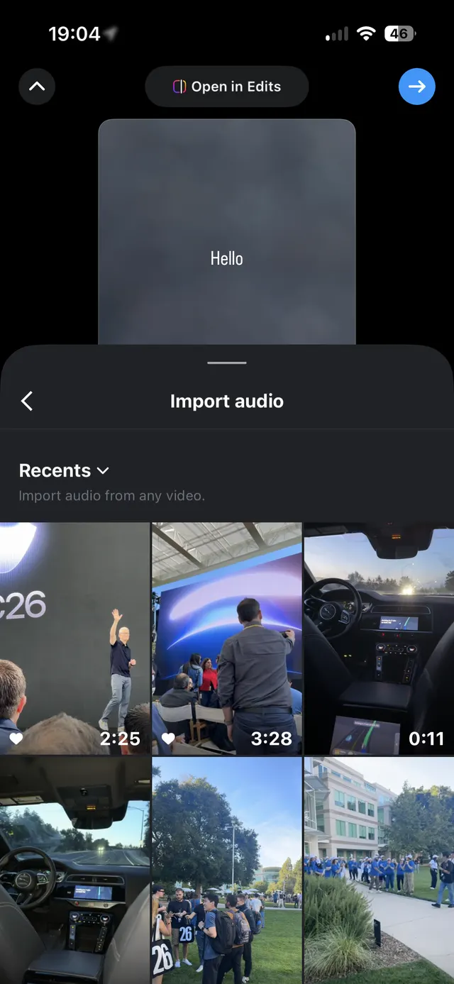 An iPhone screen in a dark editor app showing a bottom sheet titled Import audio over a video canvas, with a Recents dropdown and a grid of video thumbnails to choose audio from.