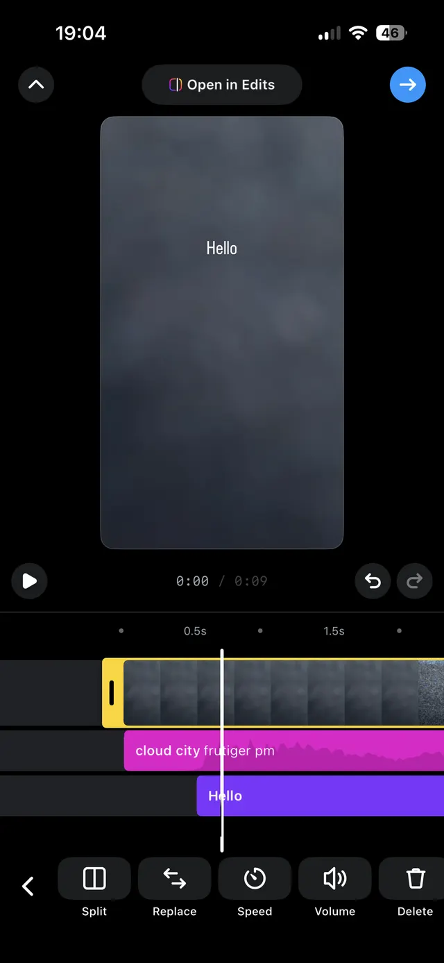 A mobile video editing screen showing a preview canvas with the word “Hello,” a multi-track timeline with video, audio, and text layers, and editing actions like Split, Replace, Speed, Volume, and Delete.