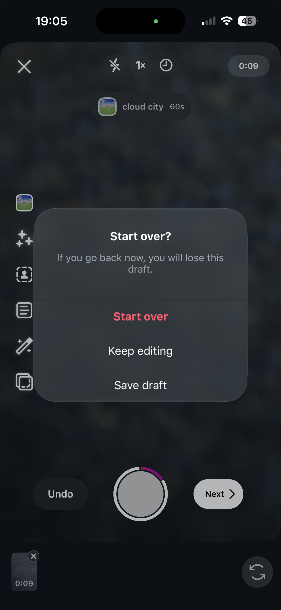 A mobile video editing screen is dimmed behind a centered modal asking 'Start over?' with options to start over, keep editing, or save draft.