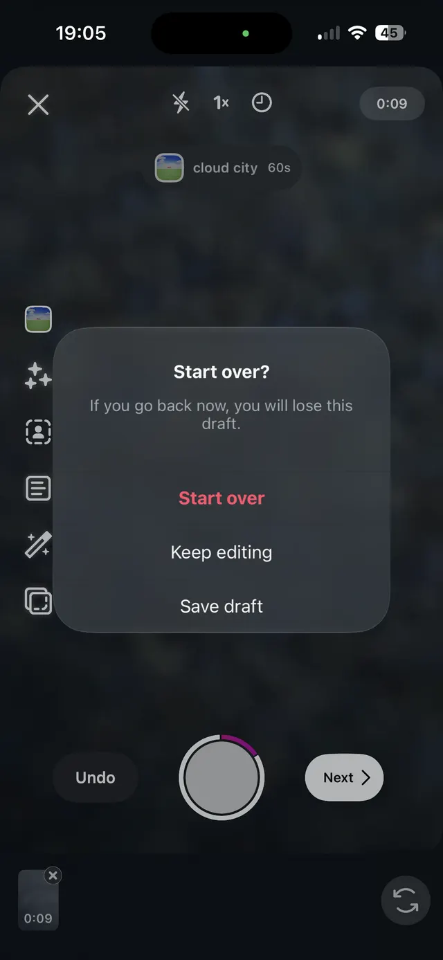 A mobile video editing screen is dimmed behind a centered modal asking 'Start over?' with options to start over, keep editing, or save draft.