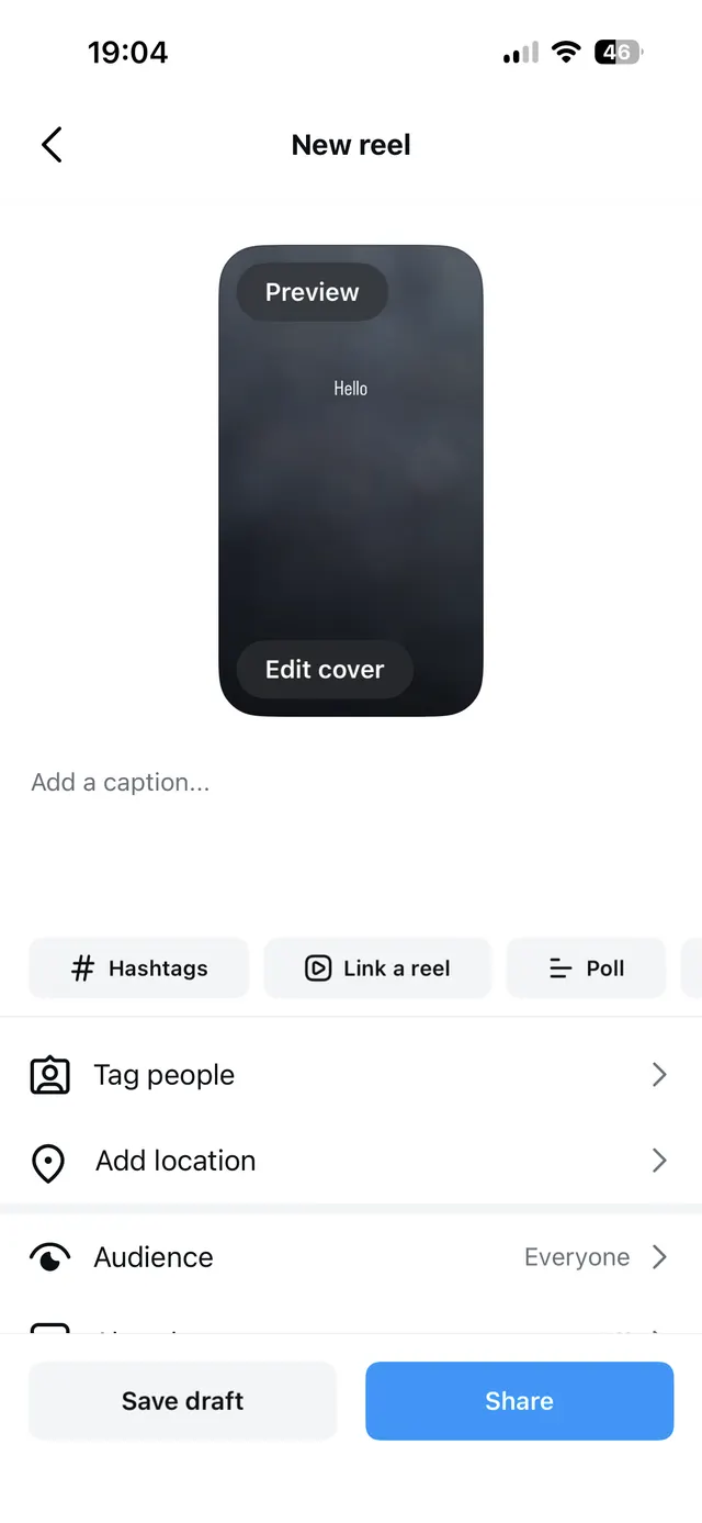 iOS screen for creating a new reel with preview, caption field, tag options, audience settings, and save draft/share actions.