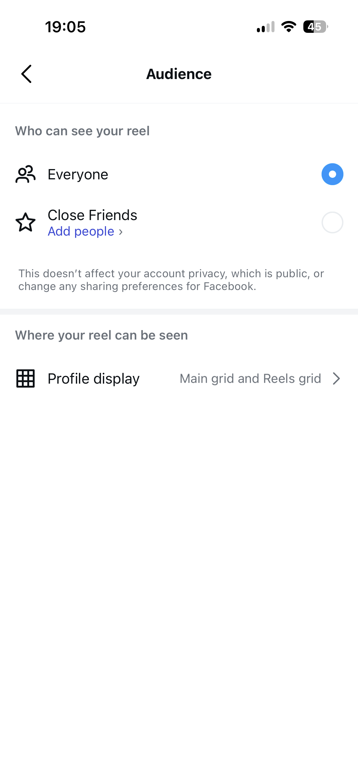 iOS screen titled Audience for choosing who can see a reel, with radio options Everyone and Close Friends, plus profile display settings.