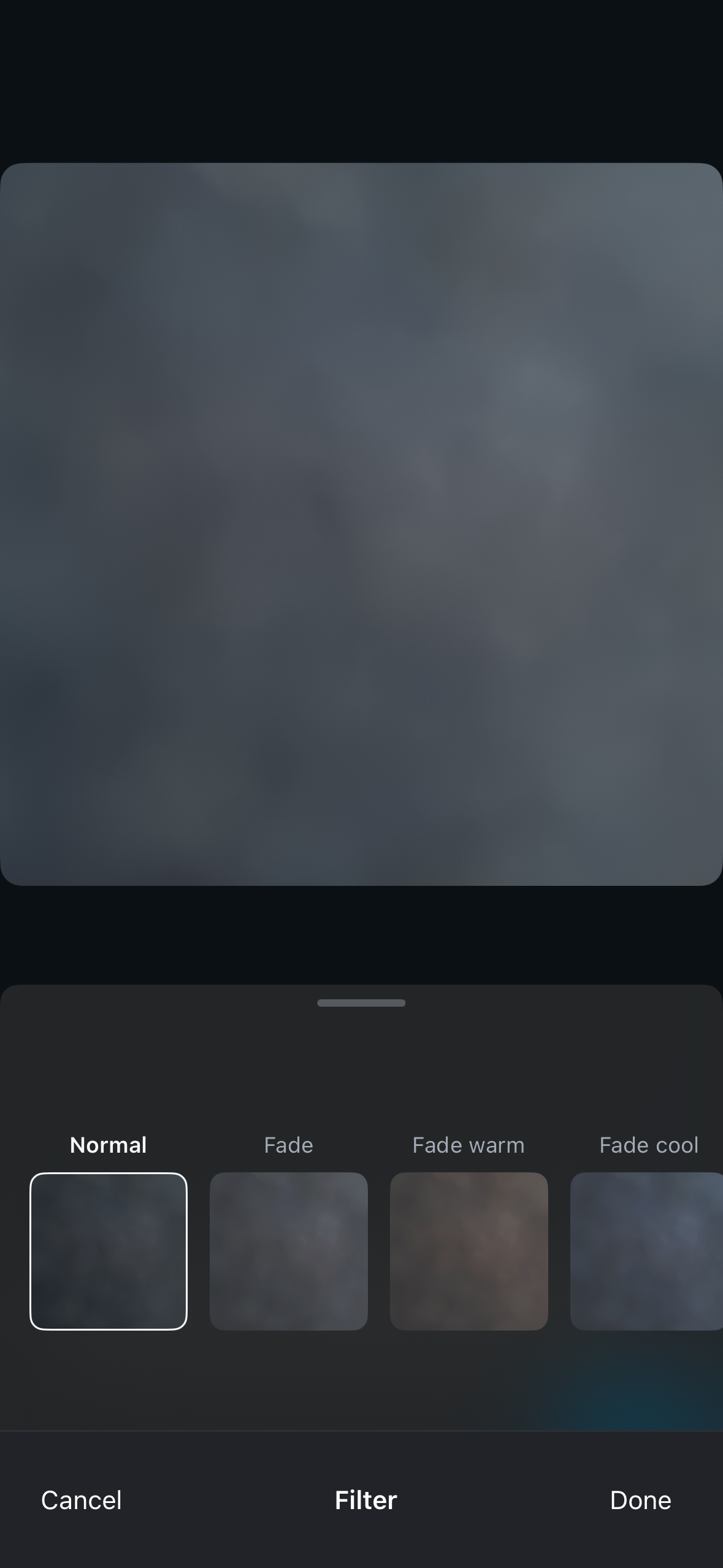 Dark photo editor screen with a large image preview and a bottom sheet showing filter options like Normal, Fade, Fade warm, and Fade cool, with Cancel, Filter, and Done actions.