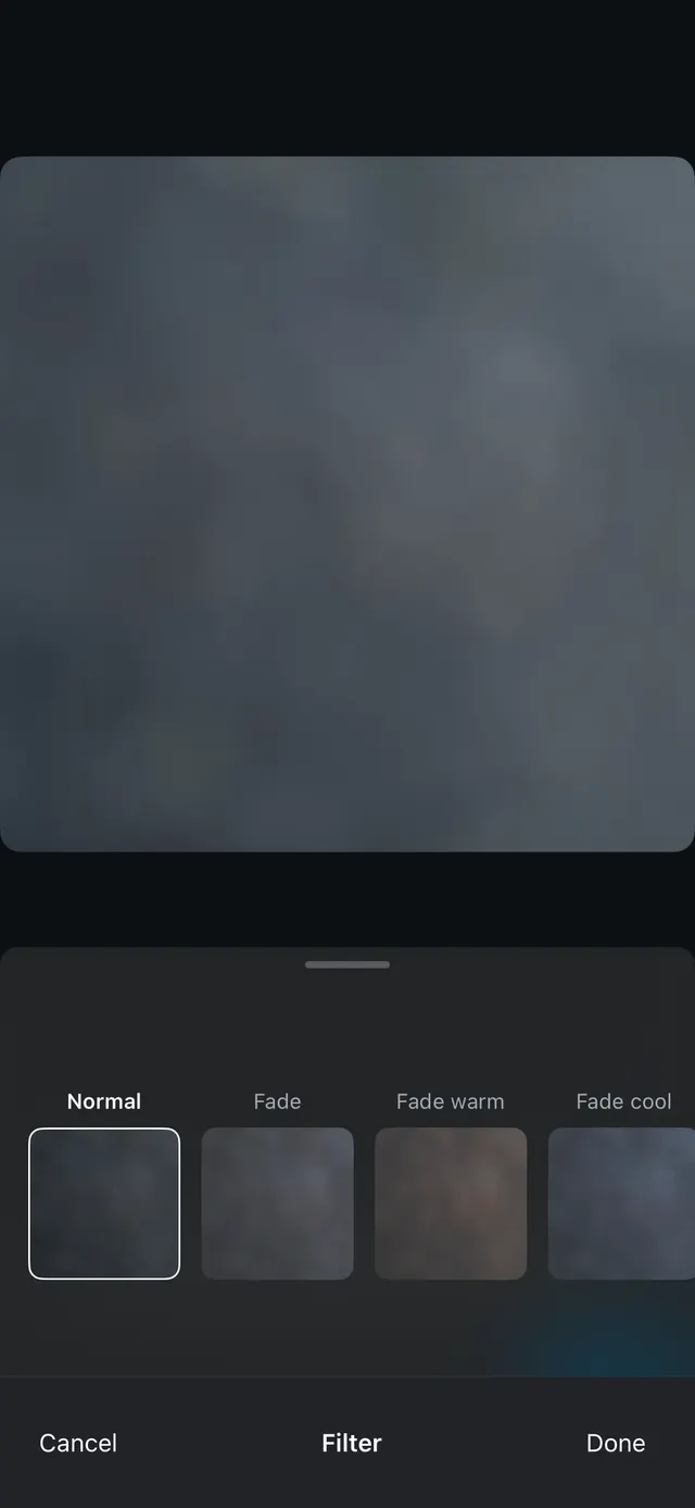 Dark photo editor screen with a large image preview and a bottom sheet showing filter options like Normal, Fade, Fade warm, and Fade cool, with Cancel, Filter, and Done actions.