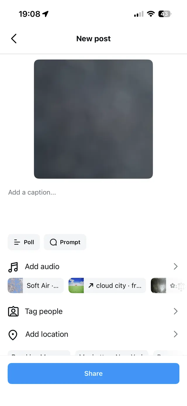 Mobile social media post composer with image preview, caption field, options to add poll, prompt, audio, tag people, add location, and a Share button.