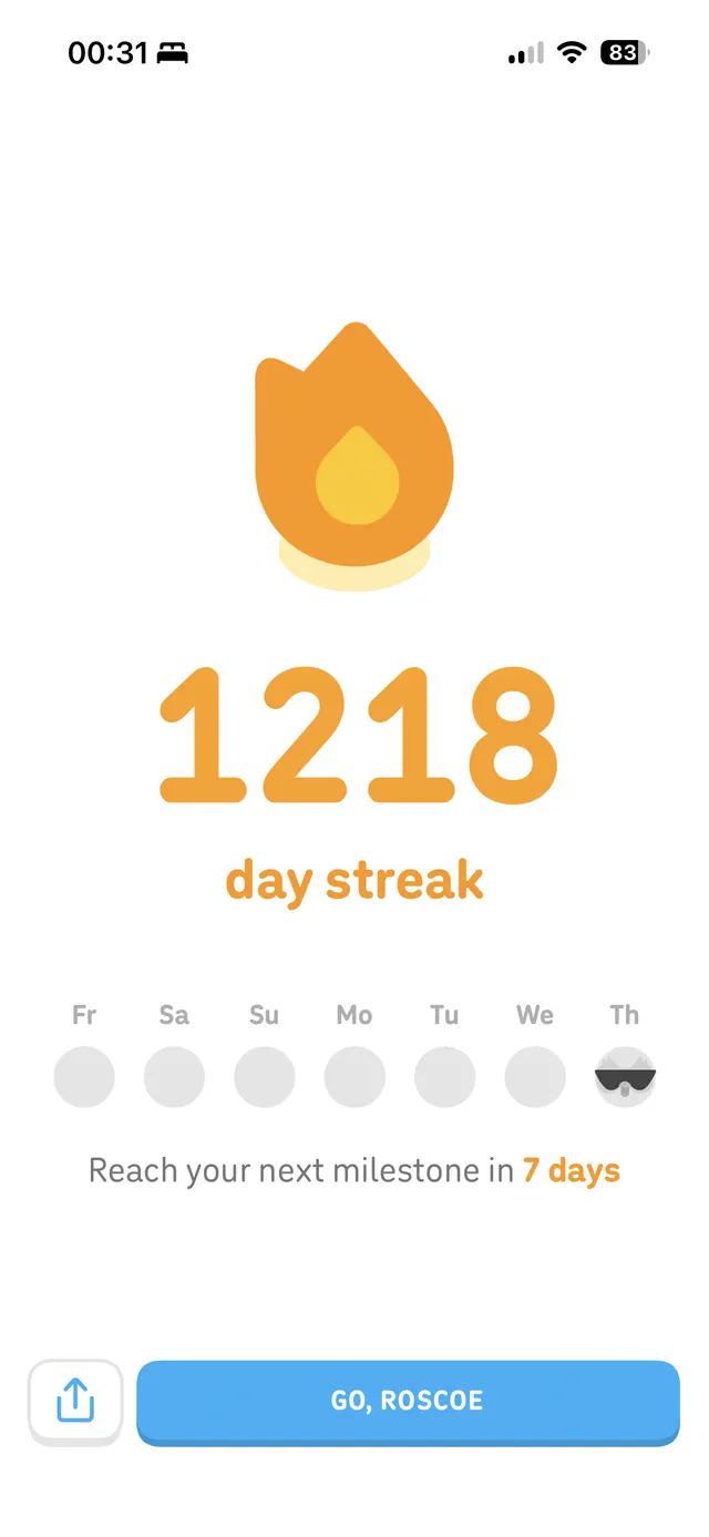 Mobile app screen showing a 1218 day streak with a flame icon, weekly progress dots, a message about reaching the next milestone in 7 days, and a primary button labeled "GO, ROSCOE".