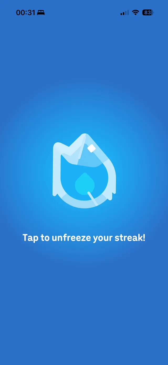 Blue screen with a large frozen droplet illustration and the text Tap to unfreeze your streak!