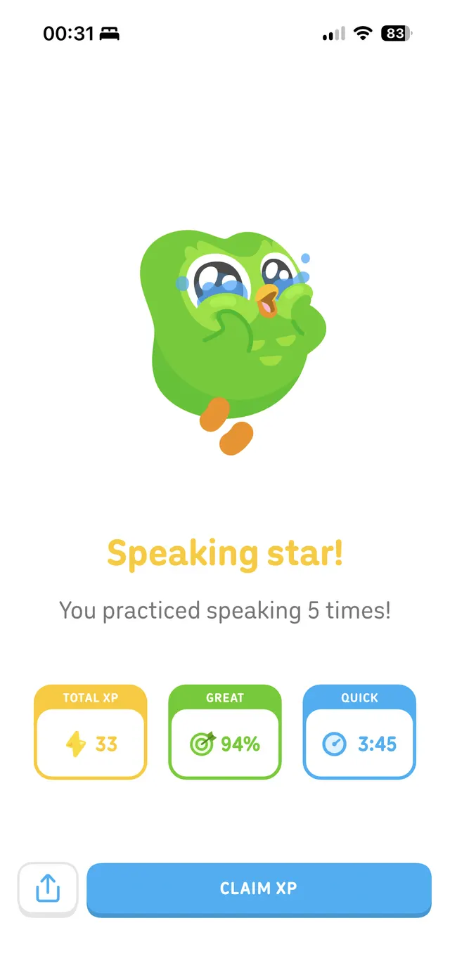 Duolingo-style reward screen with a crying green owl illustration, congratulatory text, three stat cards, and a Claim XP button.